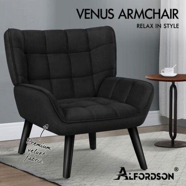 ALFORDSON Wooden Armchair Accent Tub Chair Lounge Sofa Couch Velvet Seat Black