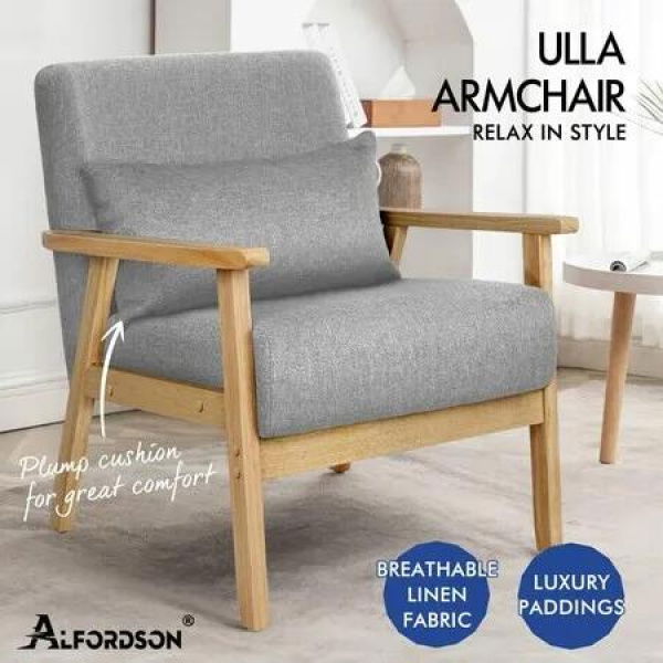 ALFORDSON Wooden Armchair Lounge Accent Chair Fabric Light Grey