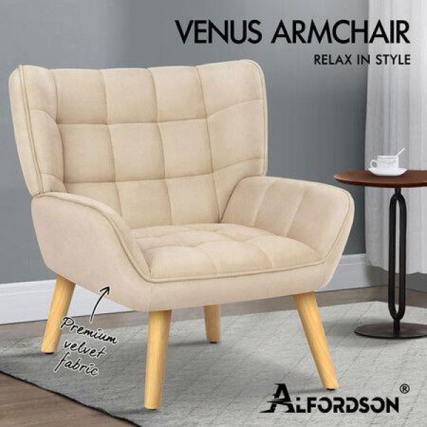 ALFORDSON Wooden Armchair Lounge Accent Chair Sofa Couch Velvet Tub Seat Beige