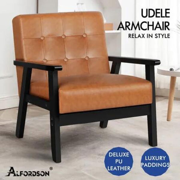 ALFORDSON Wooden Armchair Retro Accent Chair Lounge Sofa Couch PU Leather Seat