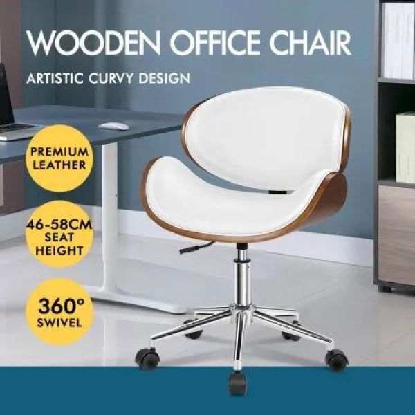 ALFORDSON Wooden Office Chair Computer Chairs Bentwood Seat Leather White