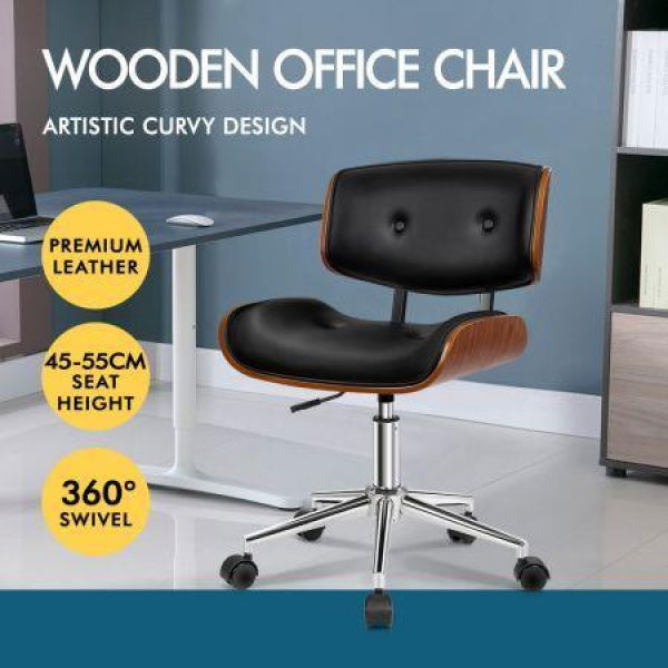 Alfordson Wooden Office Chair Computer Chairs Home Seat PU Leather Black [Pre-order Send By 8 Feb]