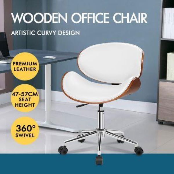 ALFORDSON Wooden Office Chair Computer Chairs Home Seat PU Leather White