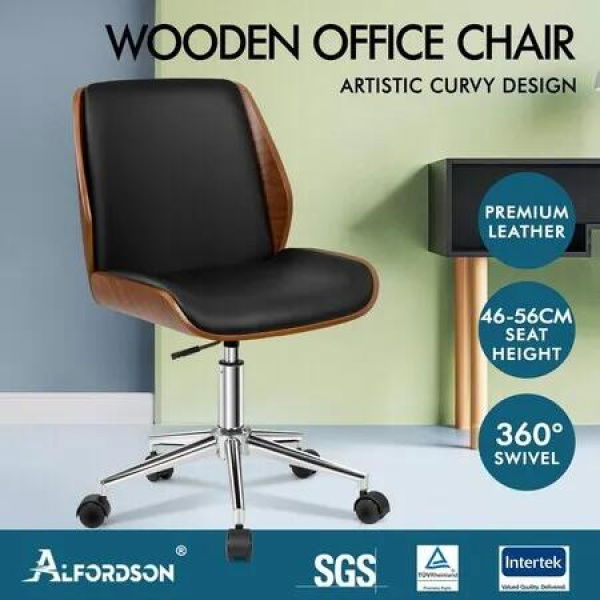 ALFORDSON Wooden Office Chair Computer Chairs Wood Seat PU Leather Black