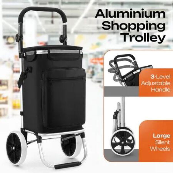 Aluminium Shopping Trolley Cart 55L Foldable Rolling Grocery Adjustable Handle Silent Wheels Lightweight Heavy Duty Portable 50kg Capacity Collapsible