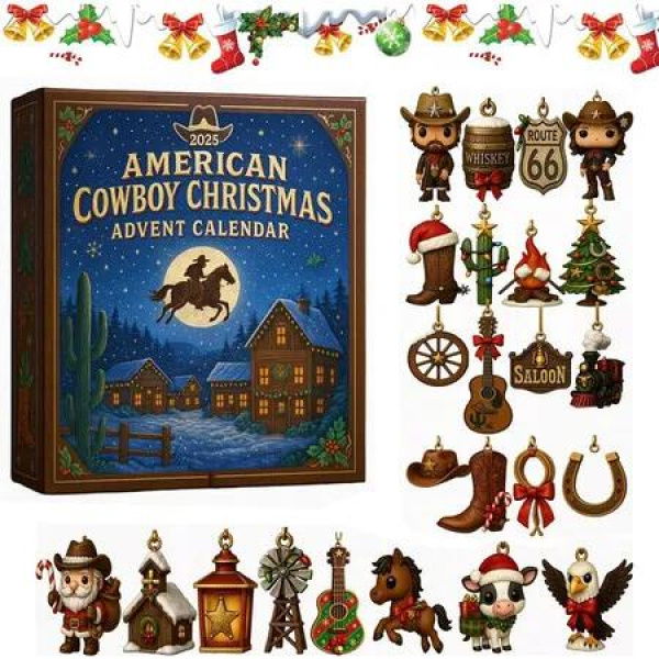 American Cowboy Christmas Advent Calendar 2025, 24 Days of Western Holiday Fun with Rustic Cowboy 2D Acrylic Ornaments for Home, Tree and Gift
