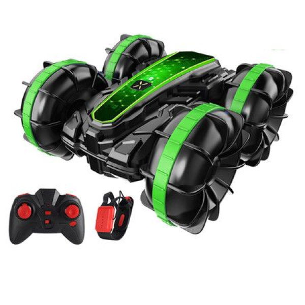 Amphibious RC Car Remote Control 2.4G 4WD Double-Sided Stunt Toys For Boys Girls (Green)