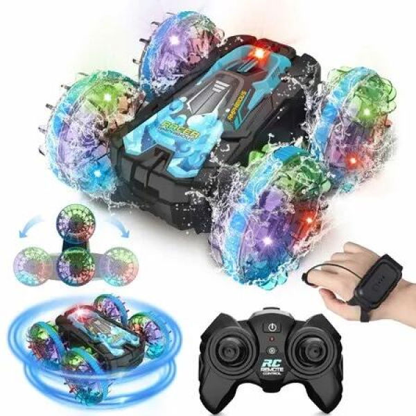 Amphibious RC Stunt Car 2.4GHz Gesture Remote Control Trucks 4WD with Lights,All Terrain Water Beach Pool Toys Gifts for Boys Kids Ages 6-12