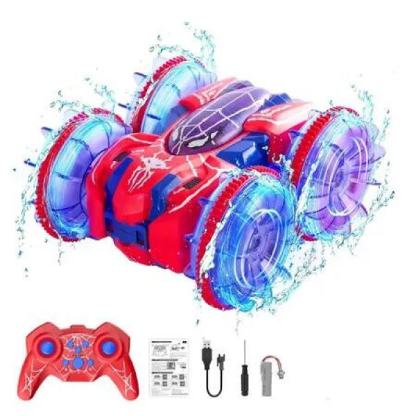 Amphibious Remote Control Car, 4WD Land & Water 2.4 GHz RC Car Remote Control Boat, 360 Degree Rotation RC Stunt car with LED Lights Red