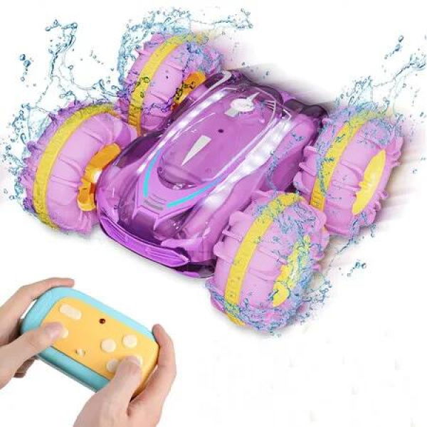 Amphibious Remote Control Car Boat for Kids, Waterproof Gesture Controlled RC Car Stunt Car with Lights, 2.4Ghz All Terrain Pool Toys Gift for Ages 4 to 12 Boys and Girls, Purple