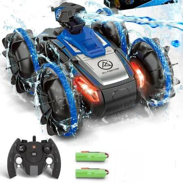 Amphibious Remote Control Car Boat with Water Spray 2.4 GHz Waterproof RC Car Monster Truck Stunt Car, Water Beach Pool RC Car Toys (Blue)