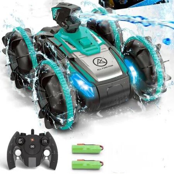 Amphibious Remote Control Car Boat with Water Spray 2.4 GHz Waterproof RC Car Monster Truck Stunt Car, Water Beach Pool RC Car Toys (Green)