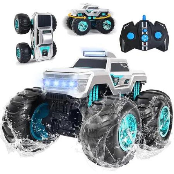 Amphibious Remote Control Car, Built-in Gyroscope Self-Balancing Monster Truck, Front & Rear Wheelie 4WD Amphibious RC Truck with LED Lights
