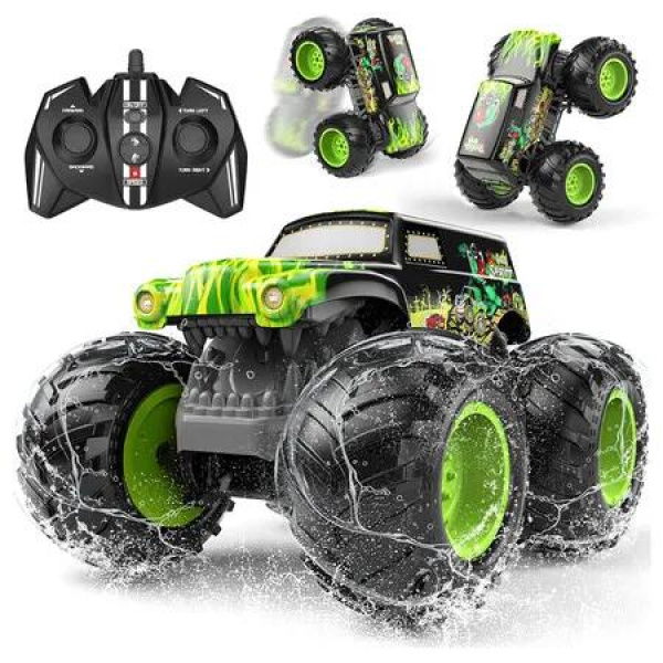 Amphibious Remote Control Car, Double Wheelie RC Trucks, 2.4GHz Waterproof Monster Truck Toy, 4WD Off-Road Vehicle for Boys & Girls Green