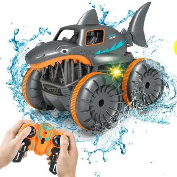 Amphibious Remote Control Car Shark RC Monster Truck with Light 360 Degree Spin Water and Pool Toys for Kids