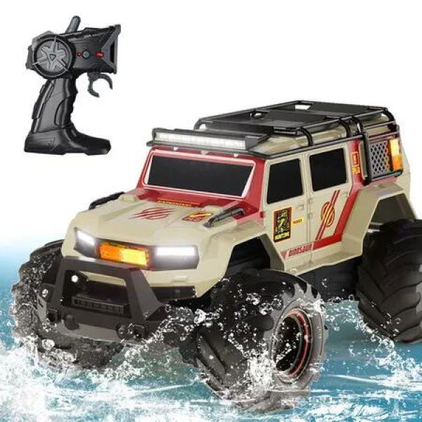 Amphibious Remote Control Car Waterproof Monster RC Cars 4WD All Terrain Off-Road Stunt Vehicle Toys with 2.4 GHz LED Lights (Beige)