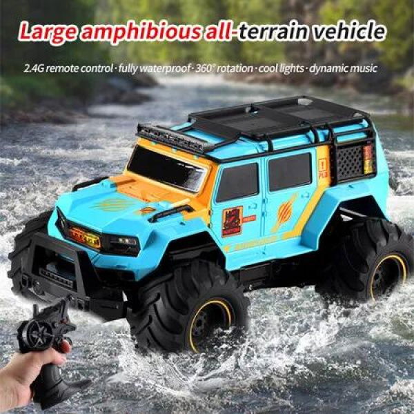 Amphibious Remote Control Car Waterproof Monster RC Cars 4WD All Terrain Off-Road Stunt Vehicle Toys with 2.4 GHz LED Lights (Blue)