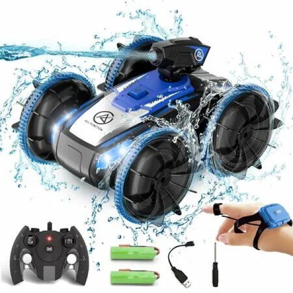 Amphibious Remote Control Car with Self-Priming Water Spray and 360 Degree Stunt Rotation for Pool & Land Play-Blue