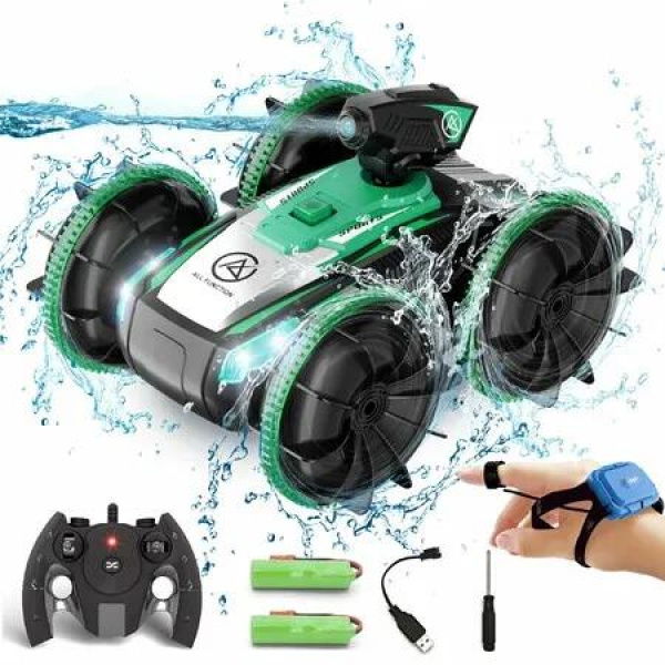 Amphibious Remote Control Car with Self-Priming Water Spray and 360 Degree Stunt Rotation for Pool & Land Play-Green