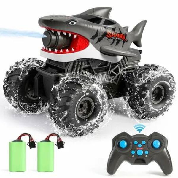 Amphibious Remote Control Car with Water Gun 4WD 360 Degree Rotation 2.4GHz Waterproof All-Terrain Stunt Car Rechargeable Toy,Gift for Boys Ages 6+,Grey