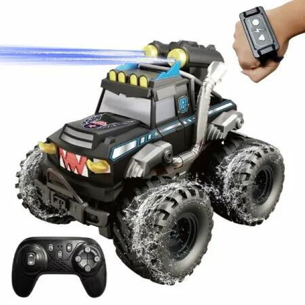 Amphibious Remote Control Car with Water Guns,RC Boat Monster Truck Toys for Land Water for 4-12 Year Old Boy Ideal Gift for Birthday Christmas-Black