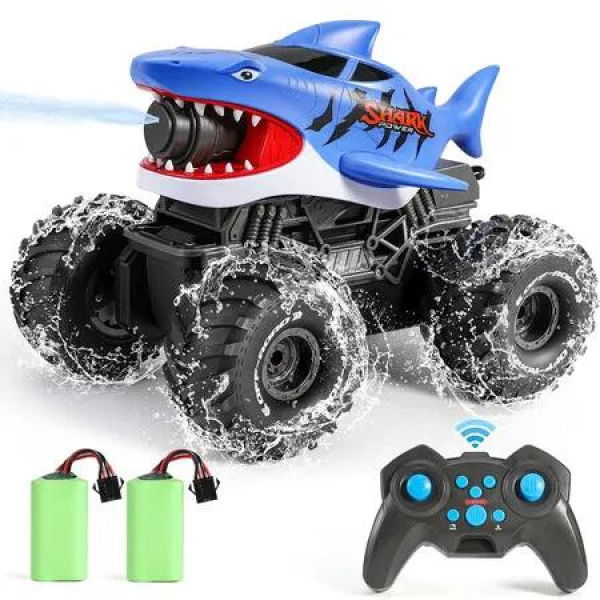 Amphibious Remote Control Shark Monster Truck with Water Squirt, 4WD All Terrain Off Road 2.4Ghz Waterproof RC Car Boat Toys for Kids Age 6 Up, Blue