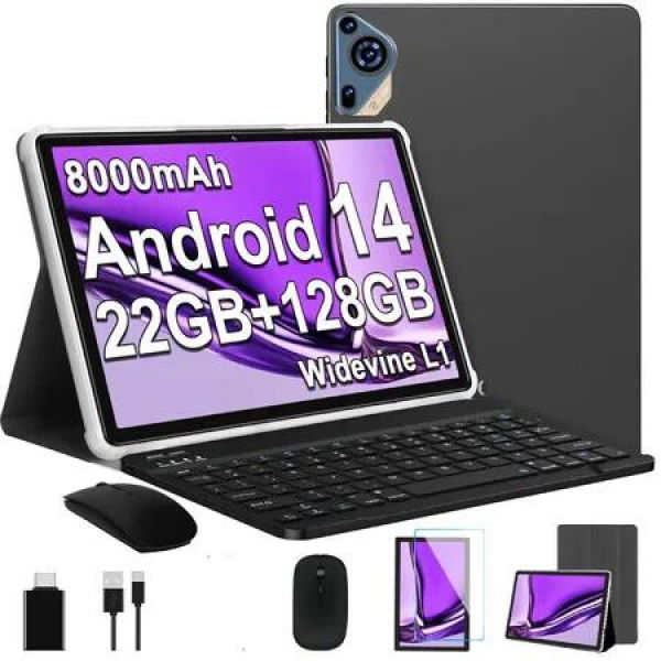 Android 14 Tablet 10 inch OctaCore Tablets with 22GB RAM+128GB ROM,1280x800 IPS HD Touch Screen,Support Widevine L1,Keyboard Mouse-Black