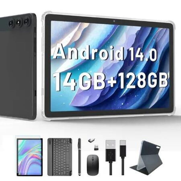 Android 14 Tablet,Tablet 10 inch 128GB Storage 1TB Expandable 14GB RAM,4G Sim Slot Tablet with keyboard Support 5G WiFi Bluetooth GPS (Gray)