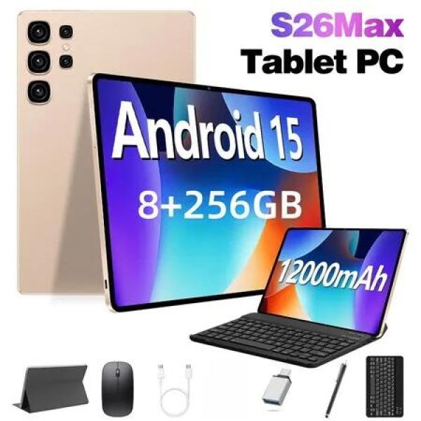 Android 15 Tablet 10.1 Inch 10 Core 8GB RAM 256GB ROM 12000mAh Battery HD Screen Keyboard Mouse Included Color Gold