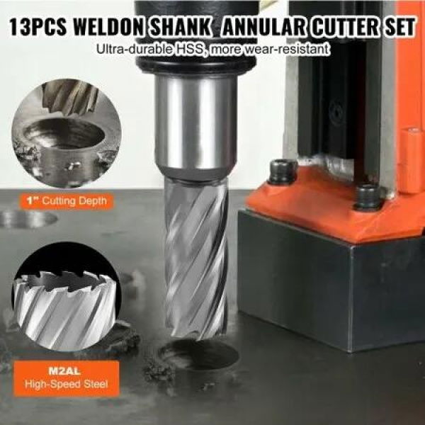 Annular Cutter Set, 13 pcs Weldon Shank Mag Drill Bits, 1' Cutting Depth, 7/16' to 1-1/16' Cutting Diameter, M2AL HSS, 2 Pilot Pins, Hex Wrench and Portable Case, for Using with Magnetic Drills