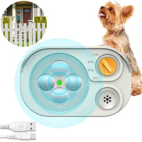 Anti Barking Device Rechargeable Dog Barking Deterrent with Dual Frequency/6 Modes/IP65 Waterproof Multi-Ultrasonic Heads Stop(White)