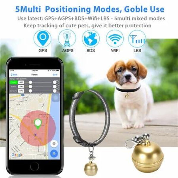 Anti-lost Pet GPS tracker Collar with Bell Real Time GPS locator with Free APP IP67 Water Proof(Silver)