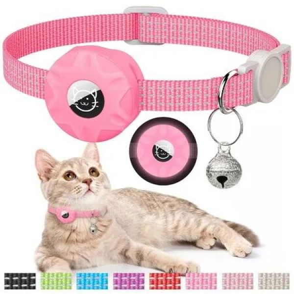 anti-lost Pink Reflective GPS Cat Collar with AirTag Holder, Bell, and Lightweight Design (AirTag Not Included)