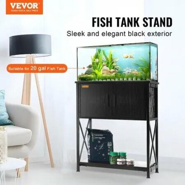 Aquarium Stand, 20 Gallon Fish Tank Stand, 25.6 x 16.5 x 31.9 in Steel and MDF Turtle Tank Stand, 167.6 lbs Load Capacity, Reptile Tank Stand with Storage Cabinet and Embedded Power Panel, Black