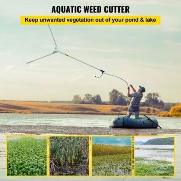 Aquatic Weed Cutter, 30' Cutting Path Water Grass Cutter, Stainless Steel Blades Lake Weed Cutter, Weed Rake with 33 ft. Rope, Blade Covers, and Aluminum Alloy Handle for Beach, Pond, and Lake