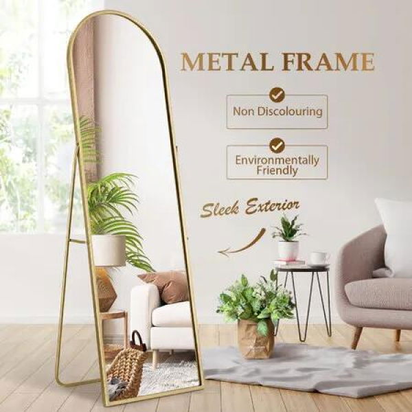 Arch Full Length Mirror Whole Body Standing Floor Leaning Makeup Vanity Dressing Bedroom Hallway HD Glass Gold Metal Stand 50x2x160cm