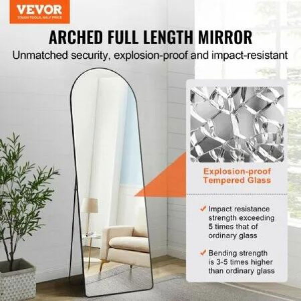 Arched Full Length Mirror 1650 x 558 mm Large Free Standing Leaning Hanging Wall Mounted Floor Mirror with Stand Aluminum Alloy Frame Dressing Mirror Black