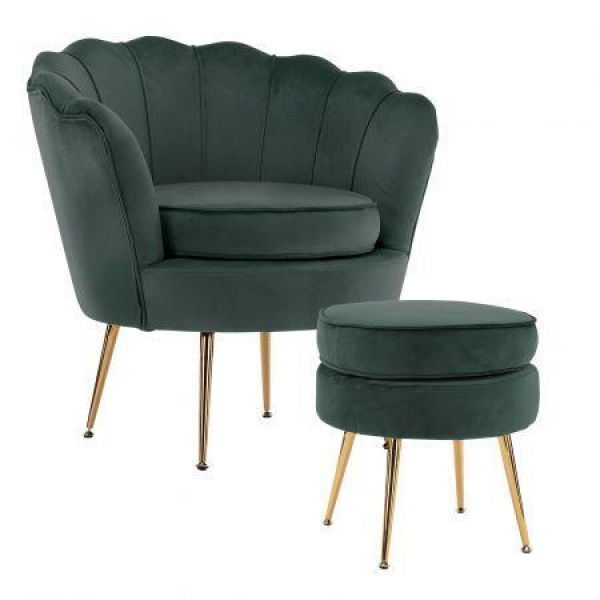 Armchair Lounge Chair Accent Velvet Shell Scallop + Ottoman Footstool Round GREEN.