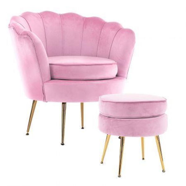 Armchair Lounge Chair Accent Velvet Shell Scallop + Round Ottoman Footstool PINK.