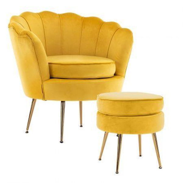 Armchair Lounge Chair Accent Velvet Shell Scallop + Round Ottoman Footstool YELLOW