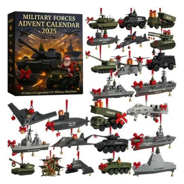 Armed Forces Advent Calendar 2025, with 24 Days Army Machines 2D Ornaments, Army Forces Countdown Calendar for Christmas