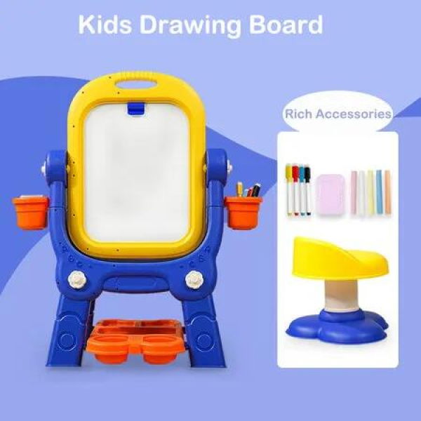 Art Easel for Kids, Building Blocks, Drawing Board with Painting Accessories Blue and Yellow