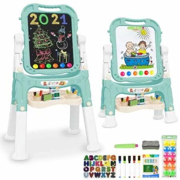 Art Easel for Kids,Adjustable Standing Rotatable Double Sided Easel with Painting Accessories for Boys and Girls Green