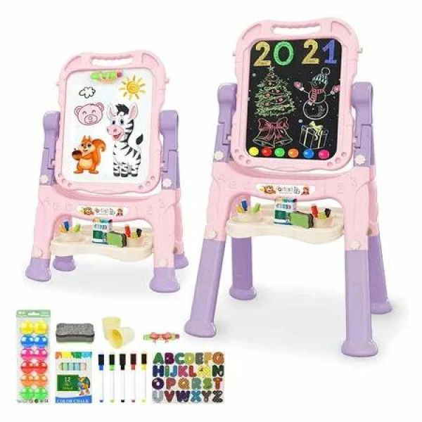 Art Easel for Kids,Adjustable Standing Rotatable Double Sided Easel with Painting Accessories for Boys and Girls Pink