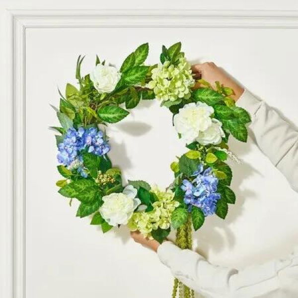 Artificial Decorative Wreath 58.42 cm Blue White Green Hydrangeas Roses