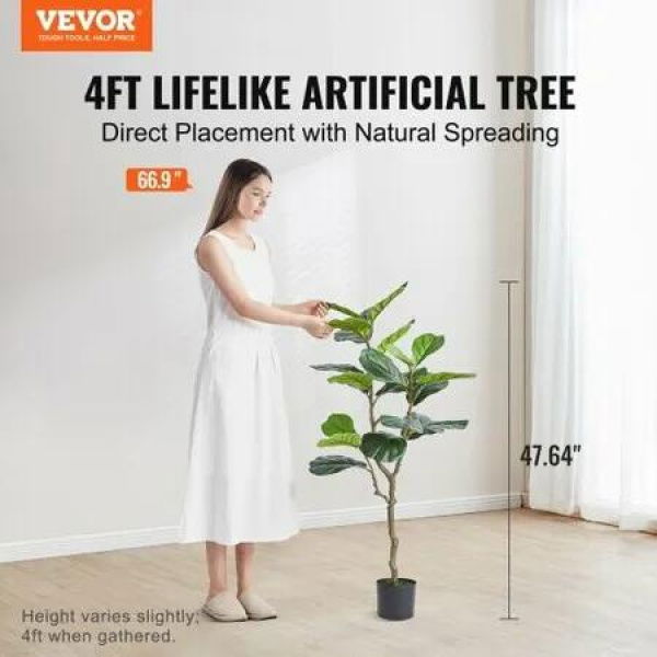 Artificial Fiddle Leaf Fig Tree, 10cm, Secure PE Material & Anti-Tip Tilt Protection Low-Maintenance Faux Plant, Lifelike Green Fake Potted Tree for Home Office Warehouse Decor Indoor Outdoor