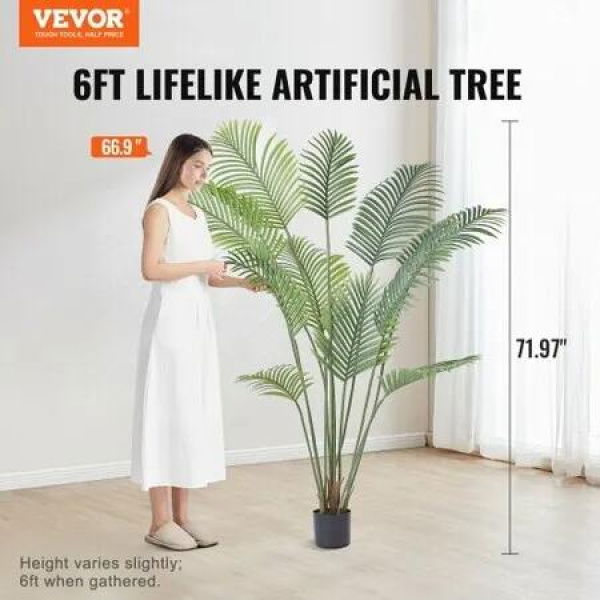 Artificial Palm Tree, 1.8mTall Faux Plant, Secure PE Material & Anti-Tip Tilt Protection Low-Maintenance Plant, Lifelike Green Fake Tree for Home Office Warehouse Decor Indoor Outdoor