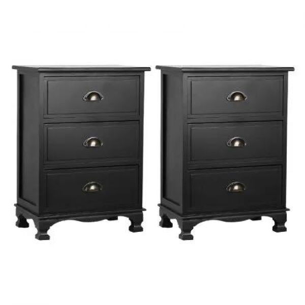 Artiss 2x Bedside Table 3 Drawers Vintage - THYME Black