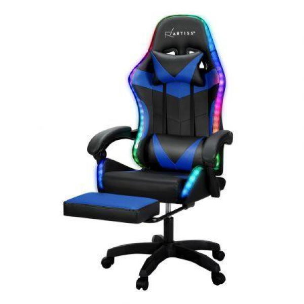 Artiss 6 Point Massage Gaming Office Chair 7 LED Footrest Blue