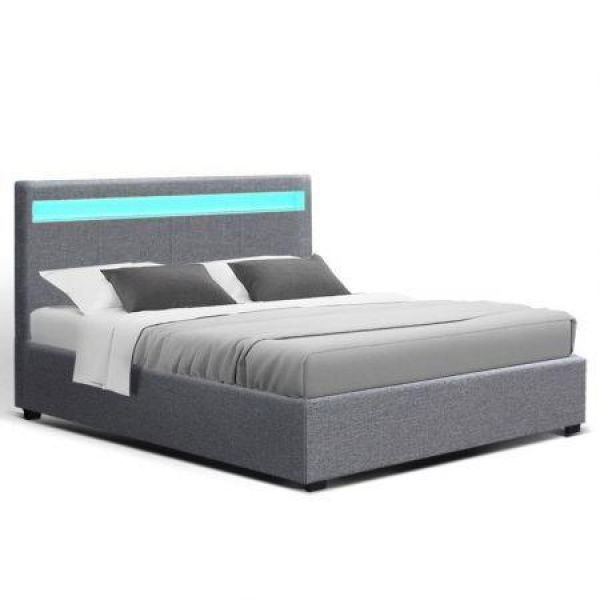 Artiss Bed Frame Double Size Gas Lift RGB LED Bedbase Grey Cole